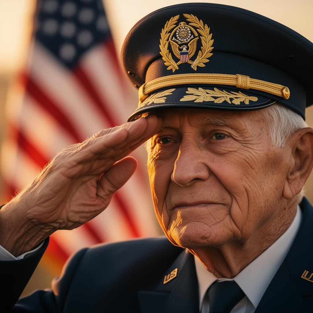 Senior US military veteran in uniform saluting in front of an American flag